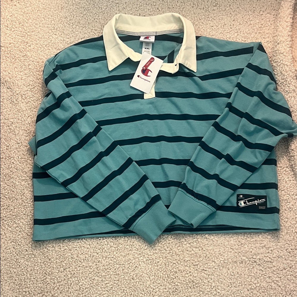 Champion women’s  Teal & Navy Striped Rugby Shirt with White Collar 100% cotton